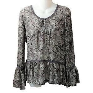 Charming Charlie Women's Sheer Gray Paisley Long Bell Sleeve Peplum Blouse Small